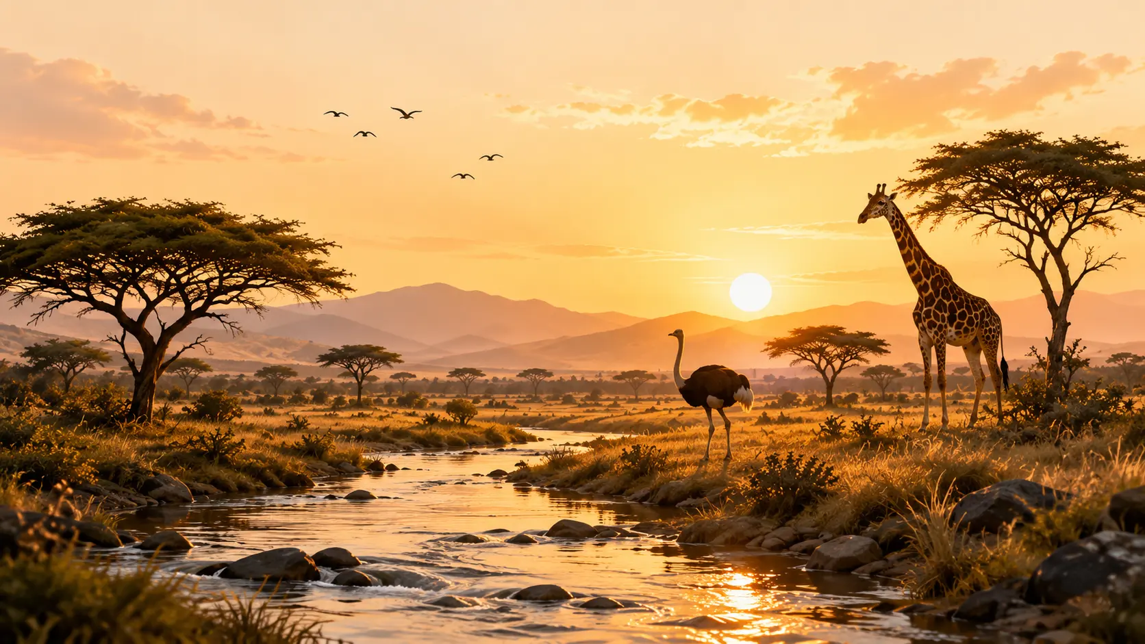 Wajir savannah river landscape with acacia trees, ostrich and giraffe at sunset