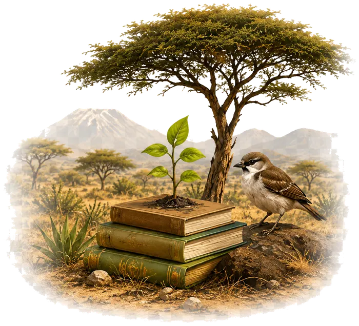 Books, sprout and bird representing education and awareness