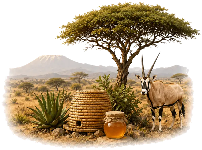 Honey, basket, aloe and oryx showing sustainable livelihoods
