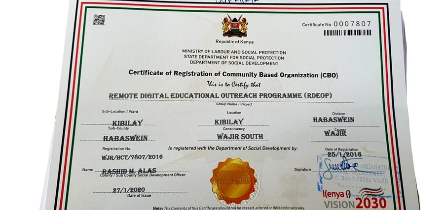 Certificate of Registration of Community Based Organization issued to WWCLA's Remote Digital Educational Outreach Programme (RDEOP)